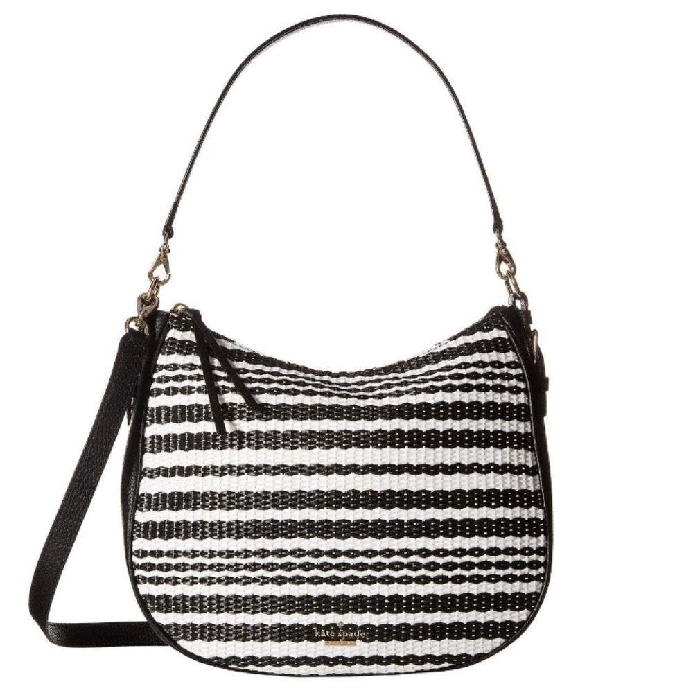 Kate Spade Large Cobble Hill Black Mylie Straw Raffia Hobo Bag NWOT